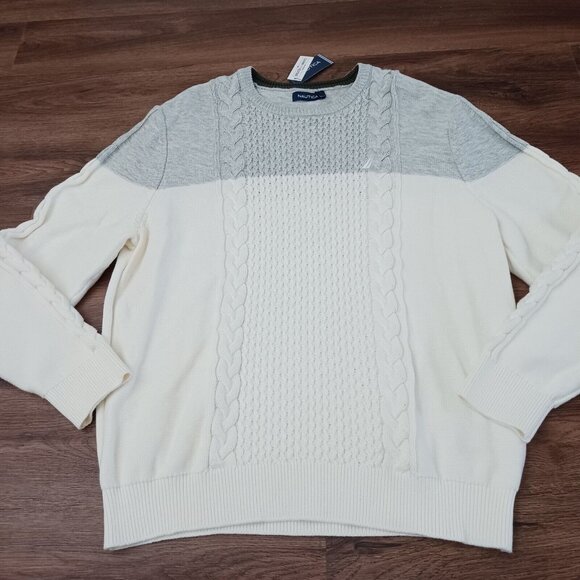 New NAUTICA Men's MARSHMALLOW COLOR BLOCK Cable Knit Sweater XL - Picture 1 of 6